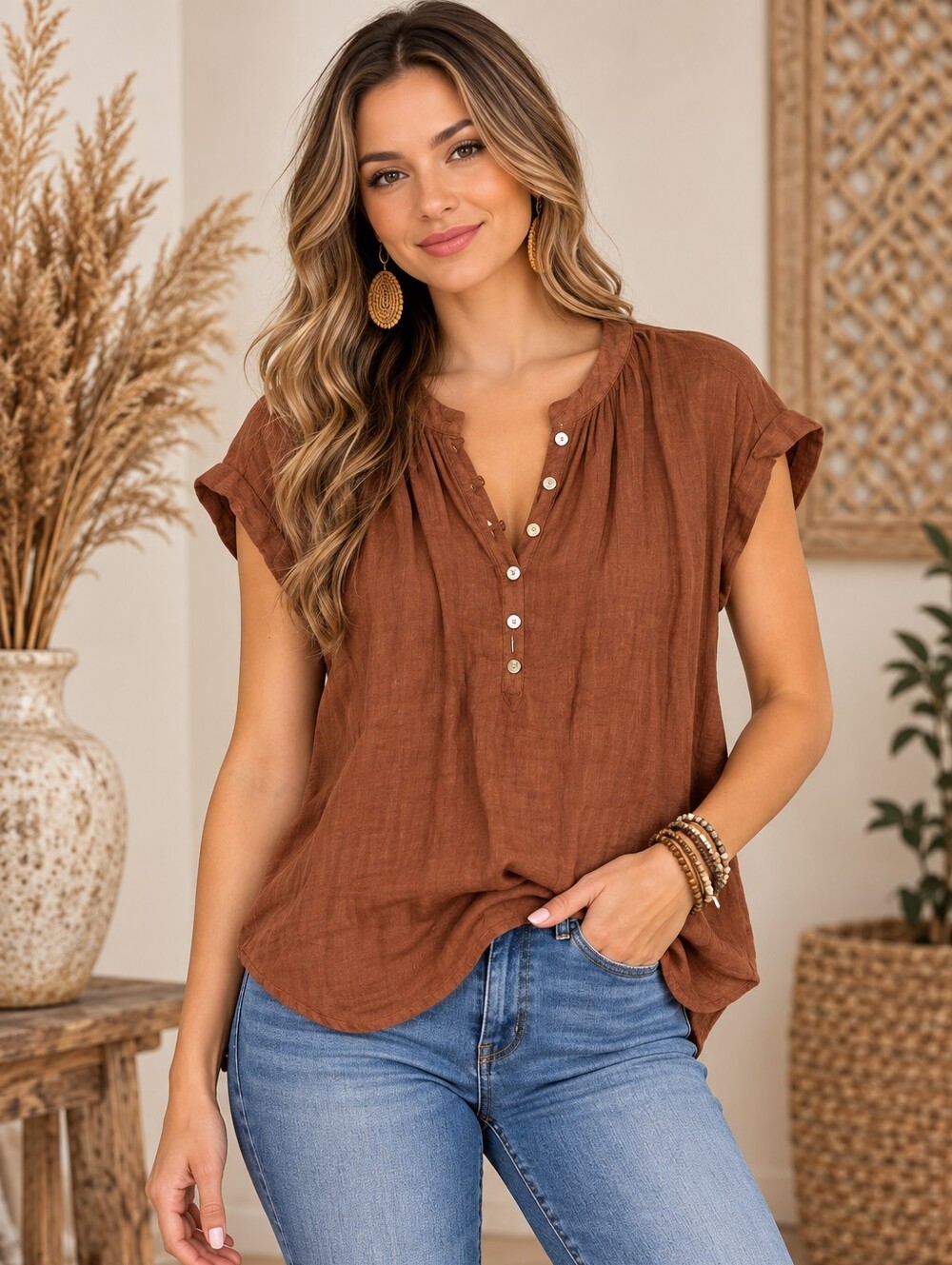 🌻391.Bella Dahl Short Sleeve Linen Top Size M